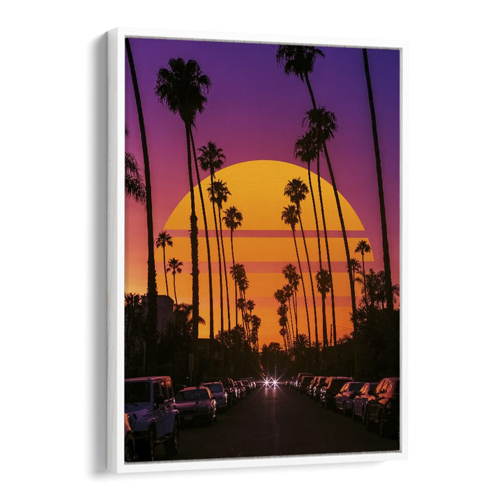 Vibrant RETRO SUNSET, SURREAL ART PRINTS by Ritvik Takkar captures a stunning sunset over palm-lined streets.