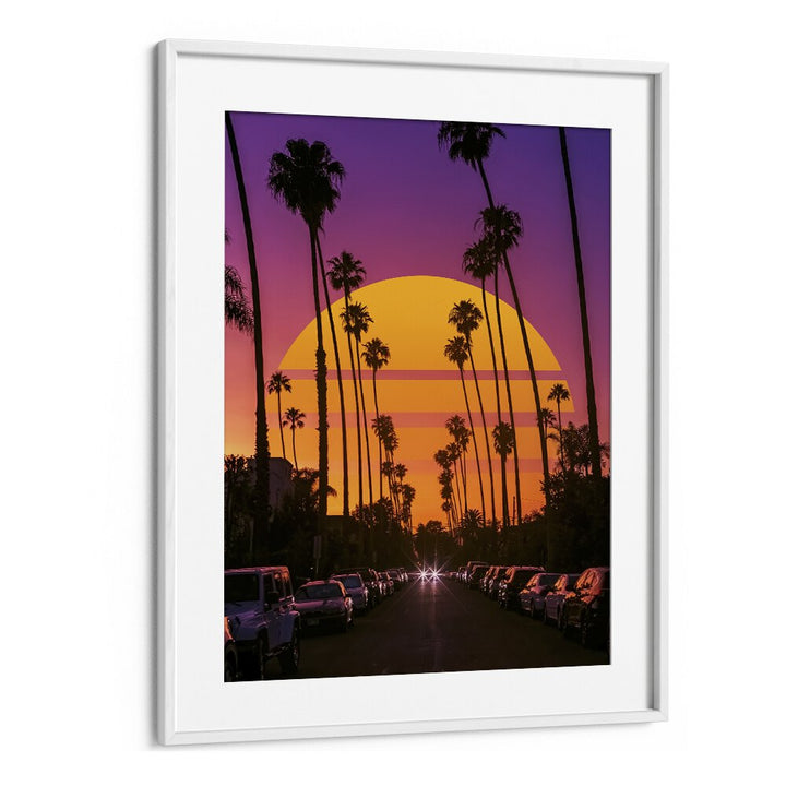 Vibrant RETRO SUNSET, SURREAL ART PRINTS by Ritvik Takkar captures enchanting colors and palm silhouettes.