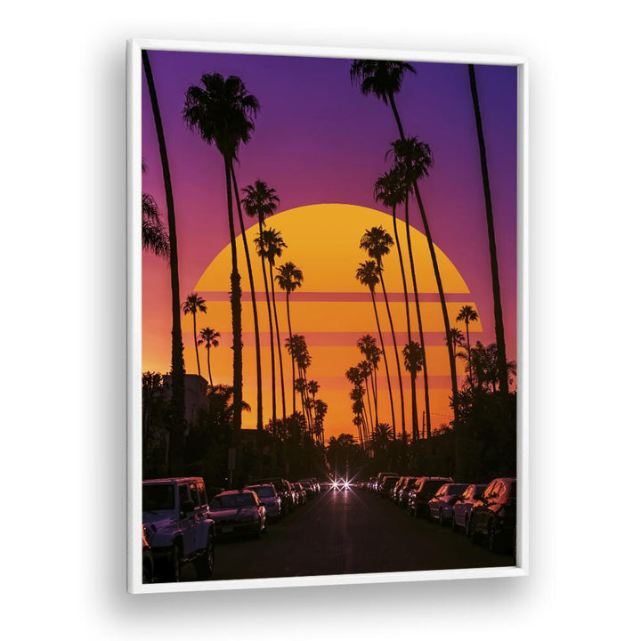 Stunning RETRO SUNSET, SURREAL ART PRINTS by Ritvik Takkar, featuring vibrant colors and palm trees in a dreamy setting.