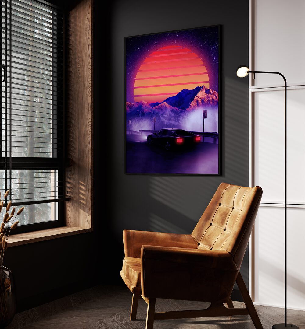 Transform your space with RETRO SYNTH, SURREAL ART PRINTS by Ritvik Takkar, featuring a dreamy sunset landscape.