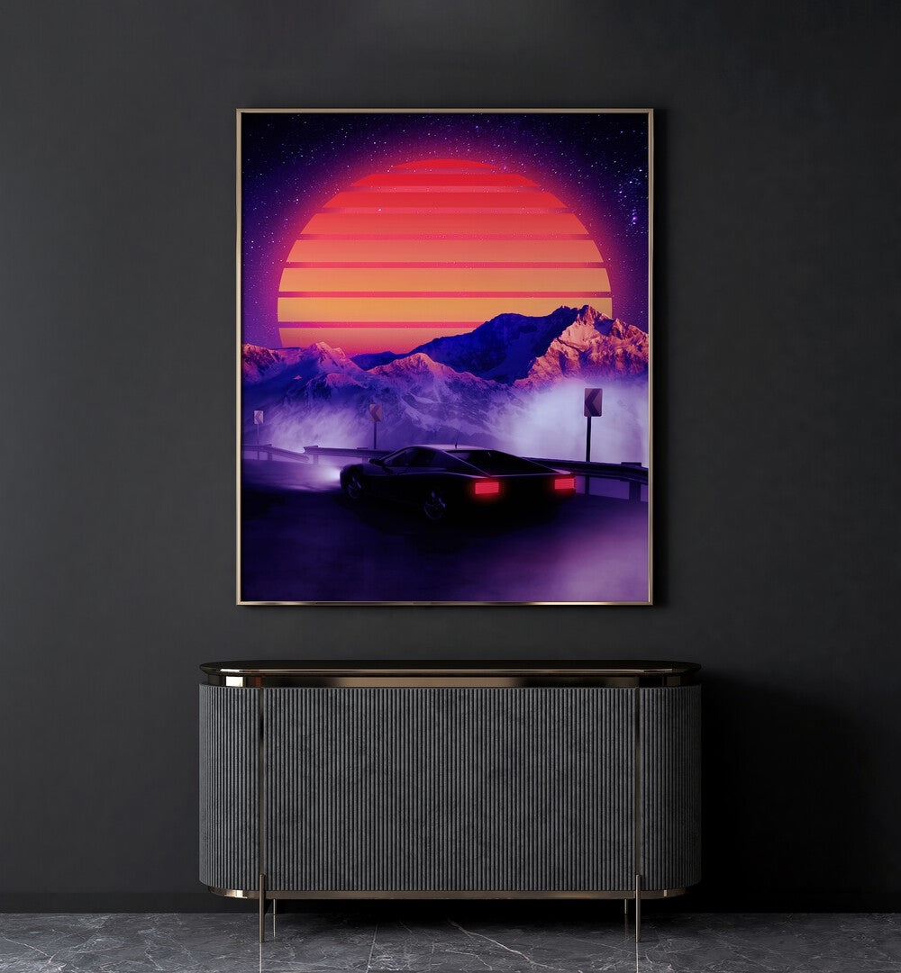 Elevate your decor with RETRO SYNTH, SURREAL ART PRINTS by Ritvik Takkar, showcasing a stunning retro landscape.