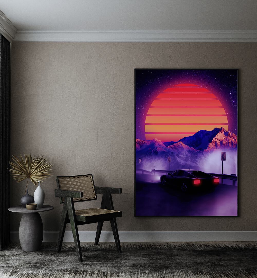 Transform your space with RETRO SYNTH, SURREAL ART PRINTS by Ritvik Takkar, featuring vibrant colors and surreal landscapes.