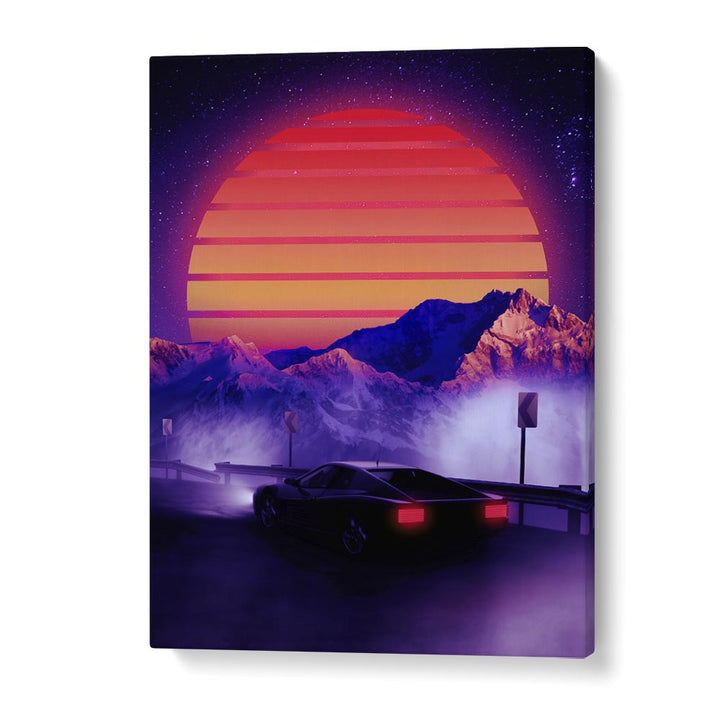 Retro Synth, surreal art prints feature a vibrant sunset and sleek car, perfect for elevating your space.