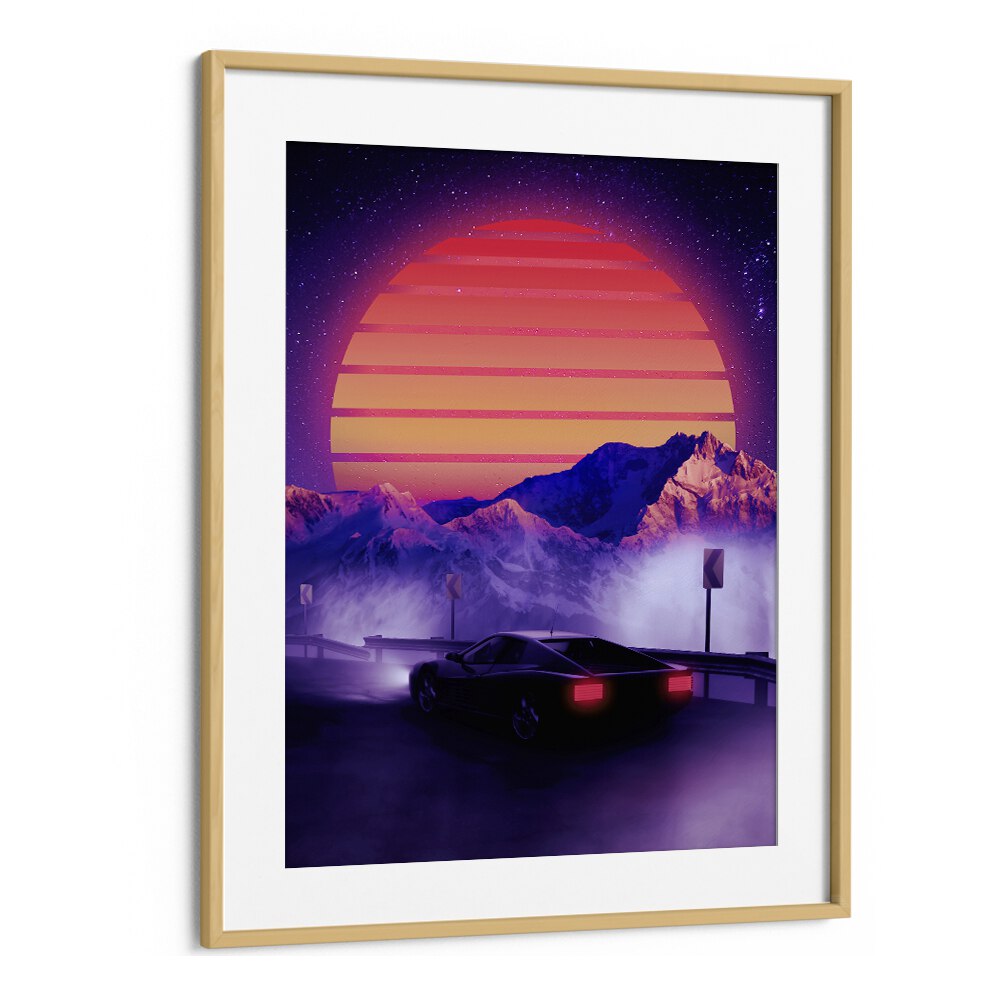 Captivating RETRO SYNTH, SURREAL ART PRINTS featuring vibrant colors and a striking mountain sunset by Ritvik Takkar.