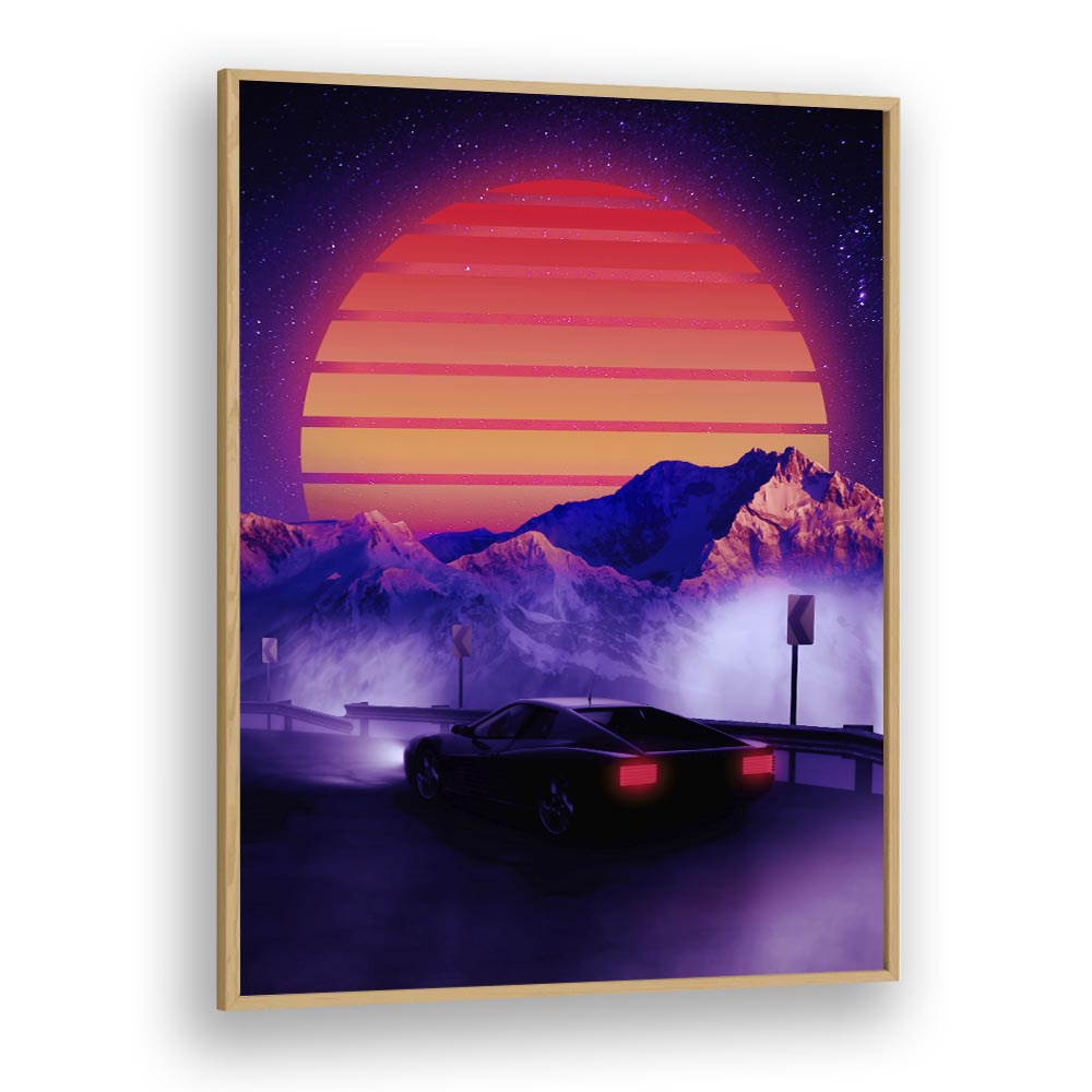 Retro Synth, Surreal Art Prints featuring a vibrant landscape and sleek car, perfect for stylish home decor by Ritvik Takkar.