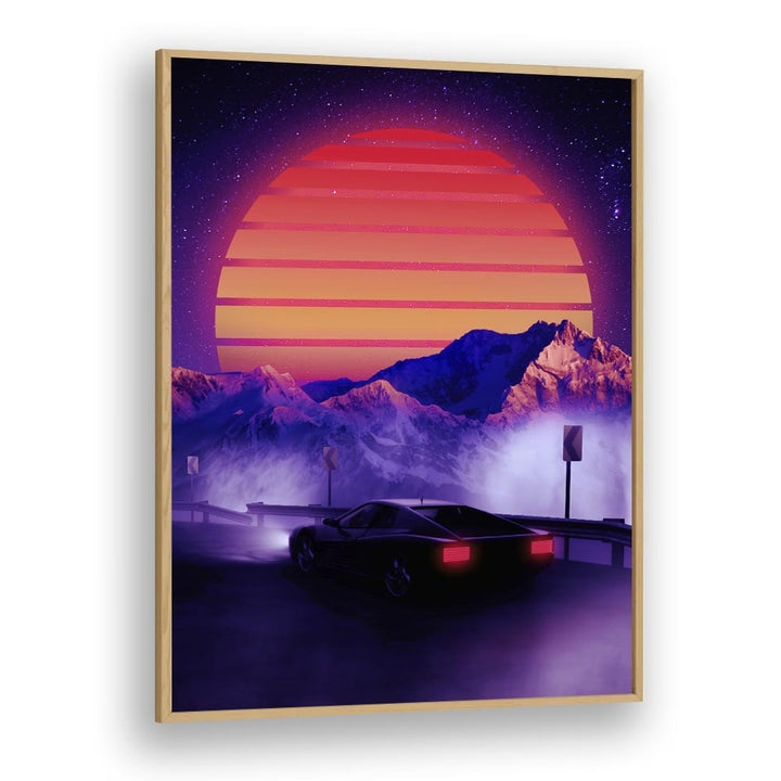 Retro Synth, Surreal Art Prints featuring a vibrant landscape and sleek car, perfect for stylish home decor by Ritvik Takkar.