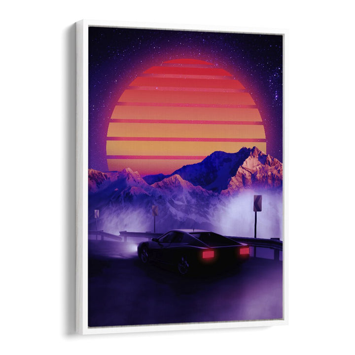 Vibrant "Retro Synth" surreal art print featuring a dramatic sunset and sleek car, perfect for modern decor.