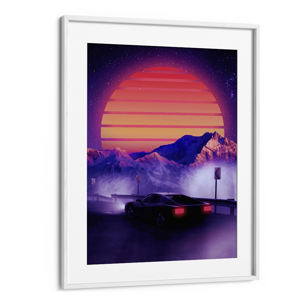 Stunning RETRO SYNTH, SURREAL ART PRINTS by Ritvik Takkar, featuring a vibrant sunset and sleek car in a serene landscape.