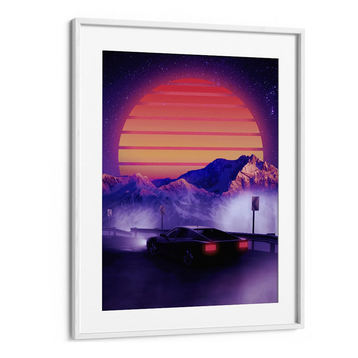 Stunning RETRO SYNTH, SURREAL ART PRINTS by Ritvik Takkar, featuring a vibrant sunset and sleek car in a serene landscape.