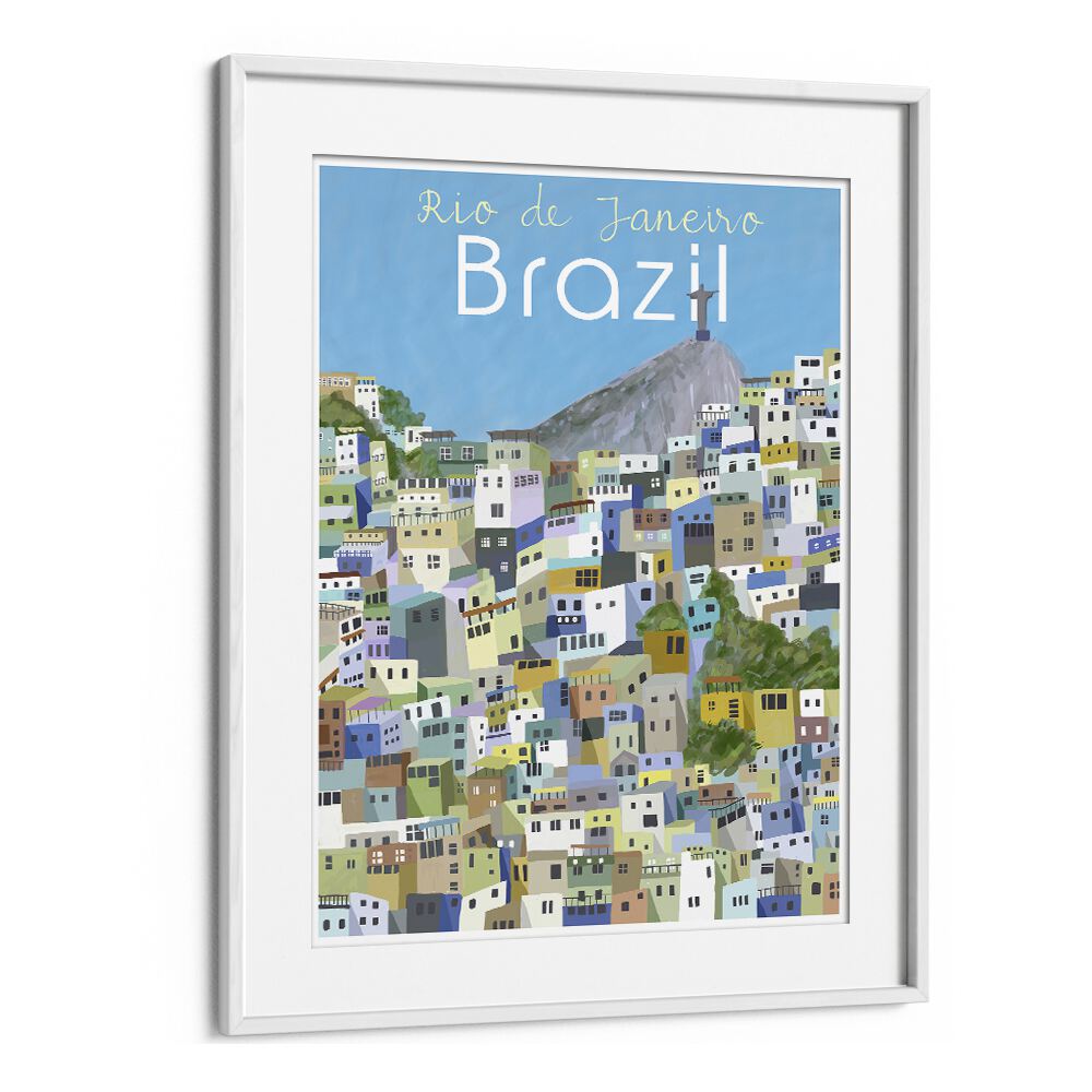 Colorful RIO DE JANEIRO, TRAVEL POSTERS by Carla Daly, showcasing vibrant landscapes and lively culture in a framed design.