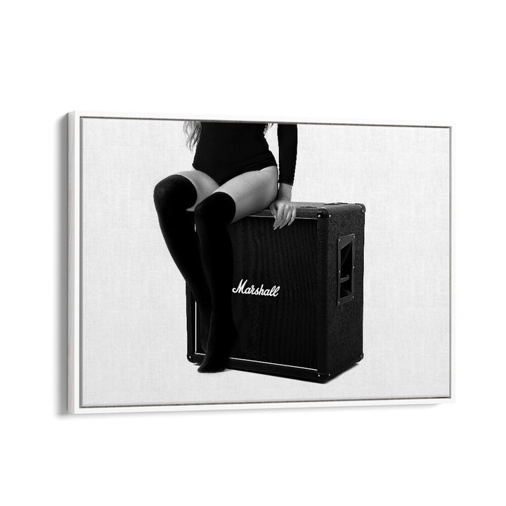 Stylish model poses with a Marshall amp, showcasing ROCK ME THE ULTIMATE, PHOTOGRAPHY PRINTS by David Drake.