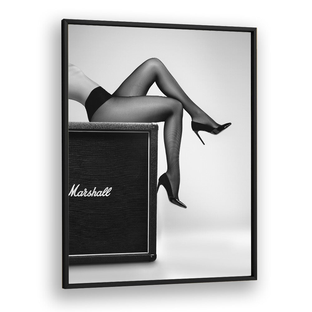 Stylish legs in black stockings against a Marshall amp, featured in ROCK N LEGS, PHOTOGRAPHY PRINTS by David Drake.