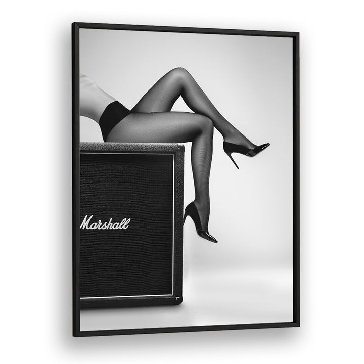 Stylish legs in black stockings against a Marshall amp, featured in ROCK N LEGS, PHOTOGRAPHY PRINTS by David Drake.
