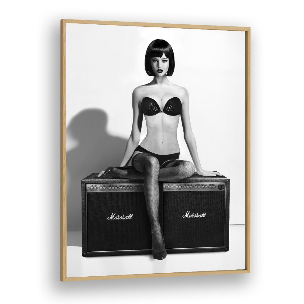 Stylish model poses on amplifiers in "Rock This" photography prints by David Drake, blending fashion and art.
