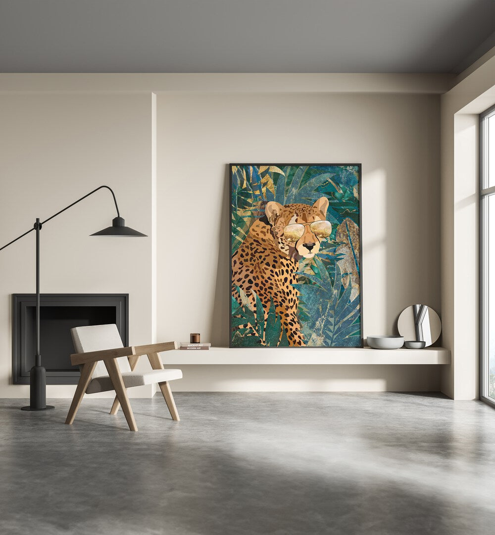 Stunning CHEETAH IN THE JUNGLE, ANIMAL PAINTINGS by Sarah Manovski, featuring a cool cheetah in aviator sunglasses.