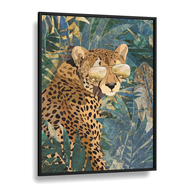 Rockstar Cheetah in the Jungle, a stunning animal painting showcasing a stylish cheetah with sunglasses among lush greenery.