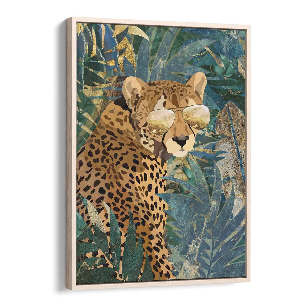 Rockstar Cheetah in the Jungle: vibrant animal painting featuring a stylish cheetah in sunglasses amid lush greenery.