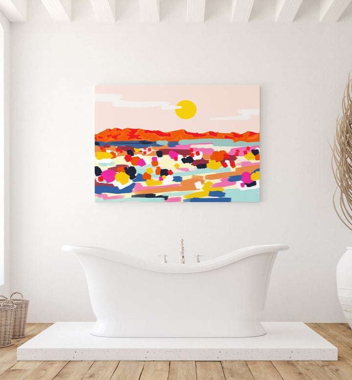 Vibrant abstract painting titled "ROMANTIC LANDSCAPE," showcasing colorful elements in landscape paintings by Uma Gokhale.