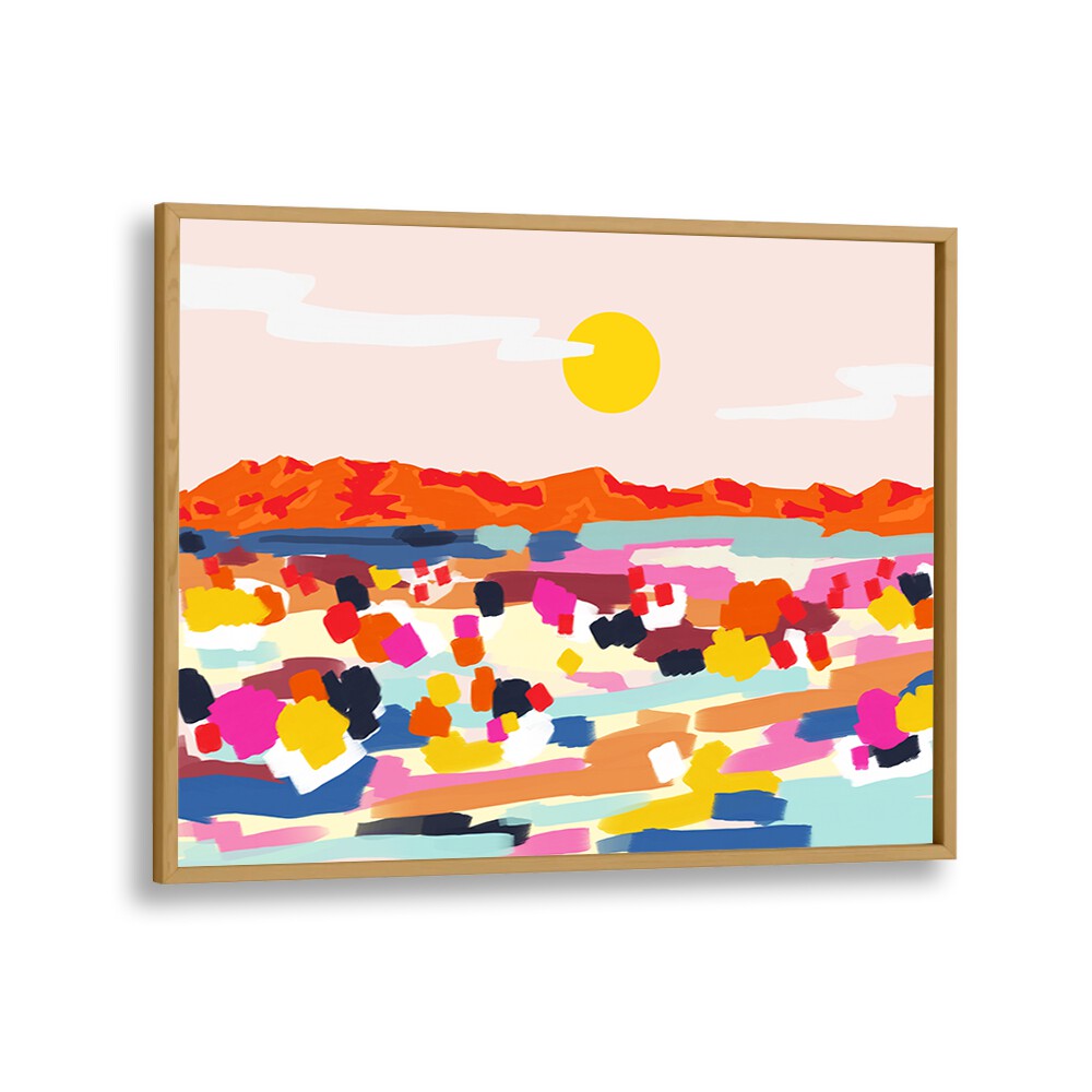 Vibrant abstract "ROMANTIC LANDSCAPE, LANDSCAPE PAINTINGS" by Uma Gokhale in an elegant oak frame, perfect for decor.