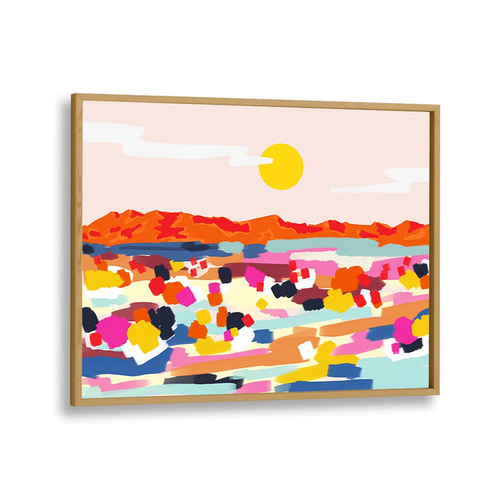 Vibrant abstract "ROMANTIC LANDSCAPE, LANDSCAPE PAINTINGS" by Uma Gokhale in an elegant oak frame, perfect for decor.