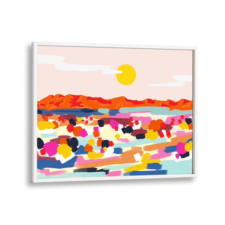 Vibrant ROMANTIC LANDSCAPE by Uma Gokhale, showcasing colorful hills and sun, ideal for LANDSCAPE PAINTINGS lovers.