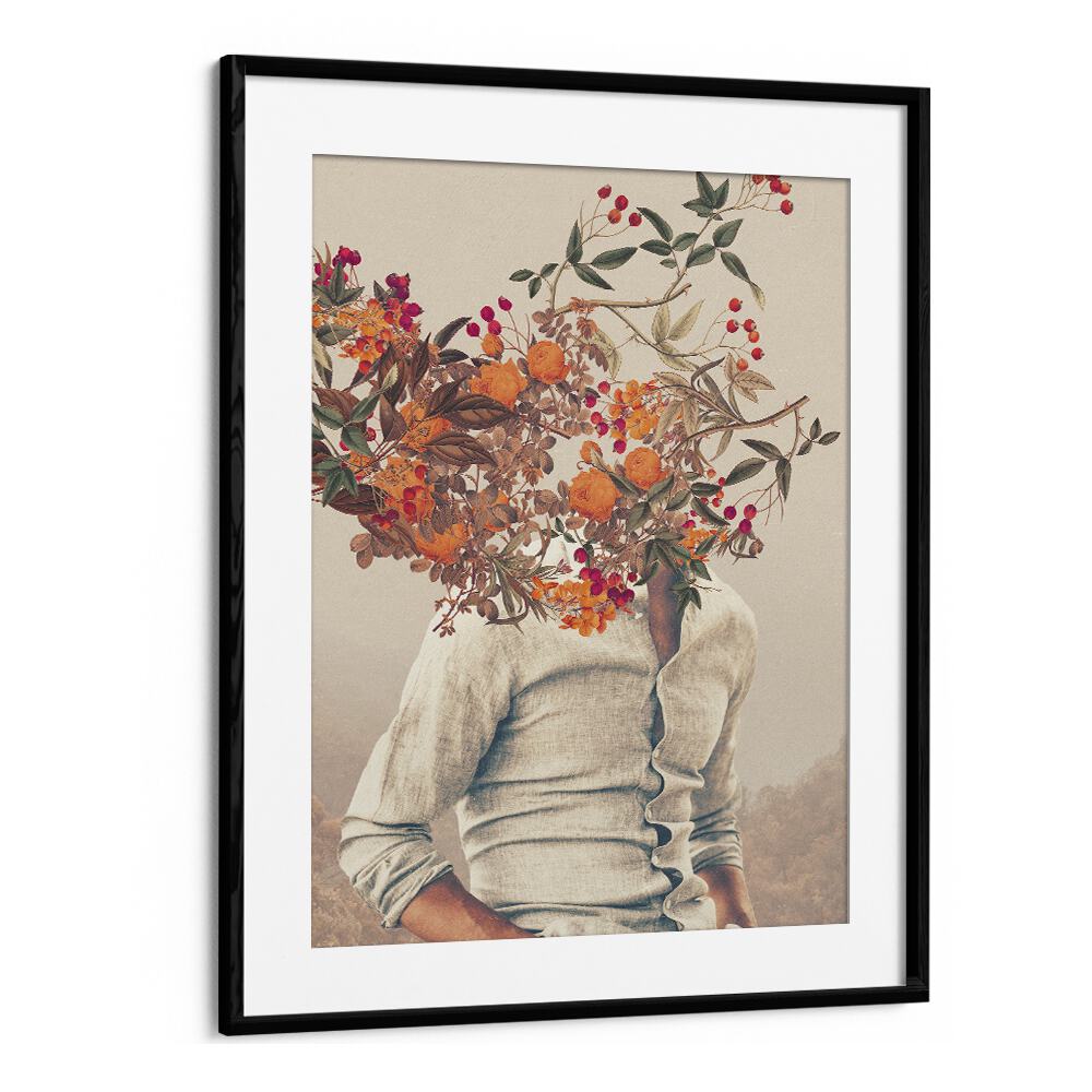 Vibrant flowers blend with a figure in ROOTS BRIGHT, SURREAL ART PRINTS by Frank Moth, capturing surreal beauty.