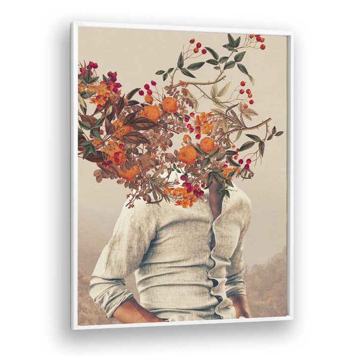 Surreal art prints featuring vibrant flowers and a figure, ROOTS BRIGHT by Frank Moth adds imaginative beauty.