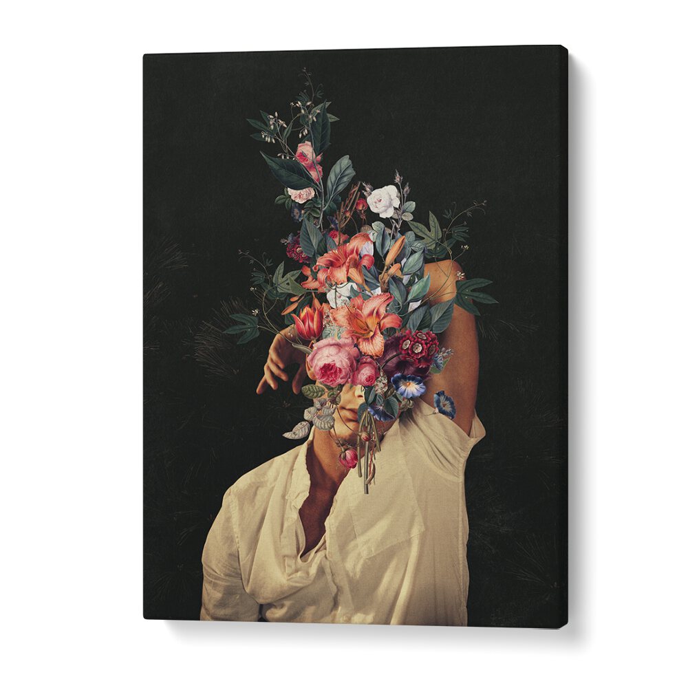 Surreal art print "Roses Bloomed, Surreal Art Prints" by Frank Moth, showcasing vibrant flowers and a thoughtful figure.