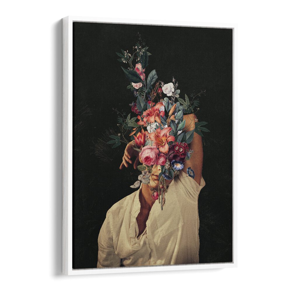 Stunning surreal art print "Roses Bloomed" by Frank Moth, featuring vibrant flowers and a striking figure. Perfect for decor.