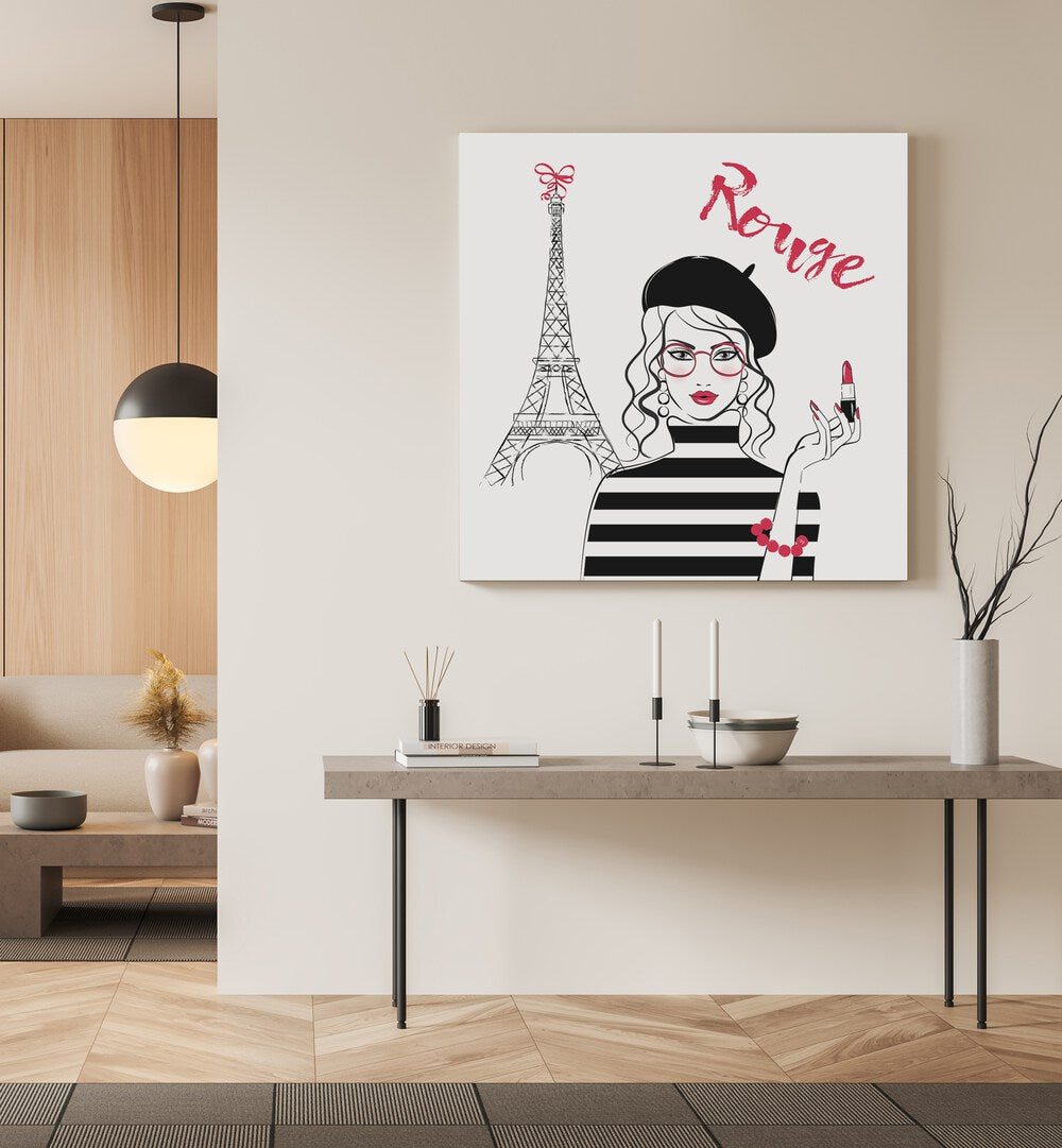 Stylish ROUGE, FASHION POSTERS featuring a chic woman with the Eiffel Tower, perfect for elegant decor.