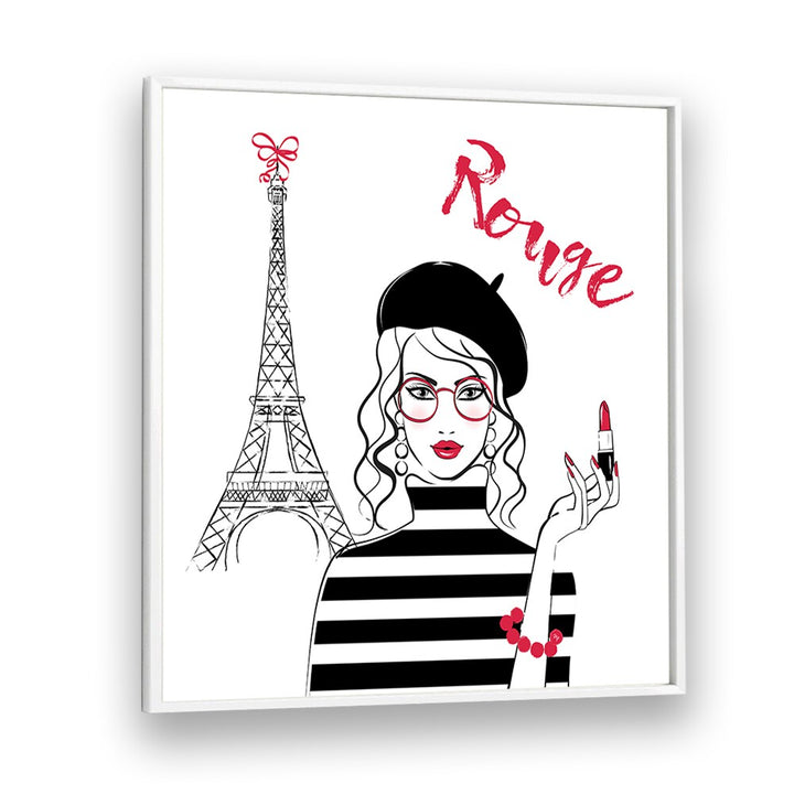 Elegant ROUGE, FASHION POSTERS by Martina feature a chic woman with the Eiffel Tower, perfect for any stylish space.