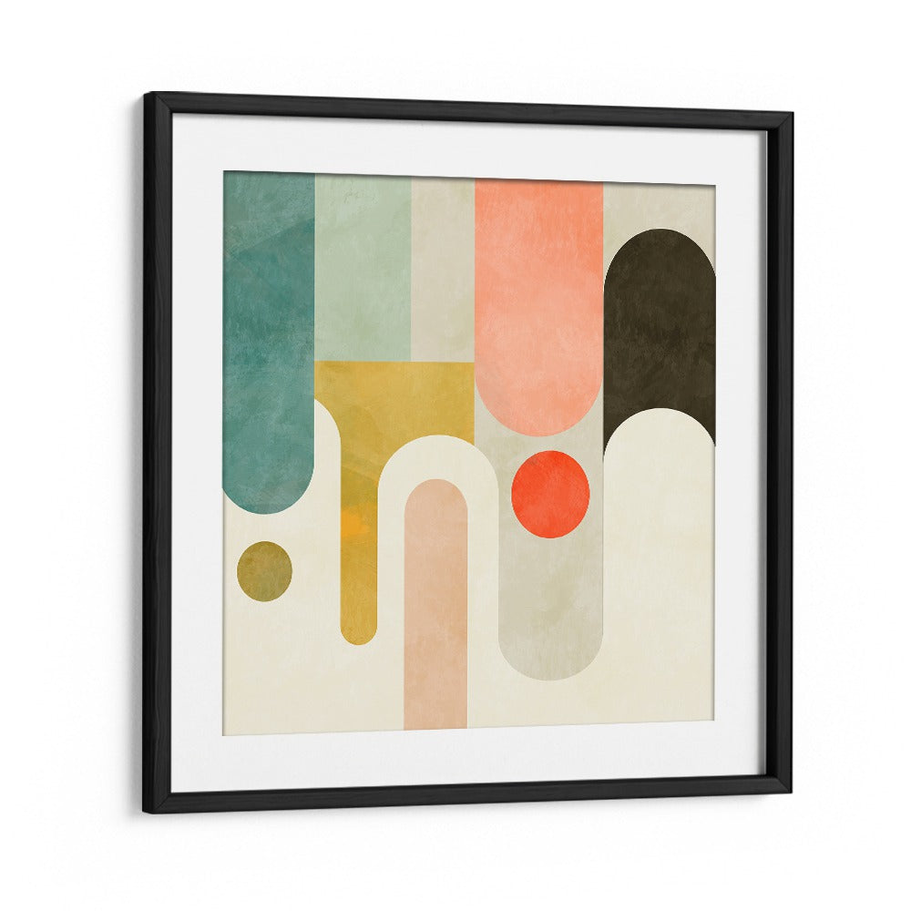 Runde Shapes Kopie, abstract paintings by Ana Rut Bre, featuring vibrant colors in a stylish black frame.