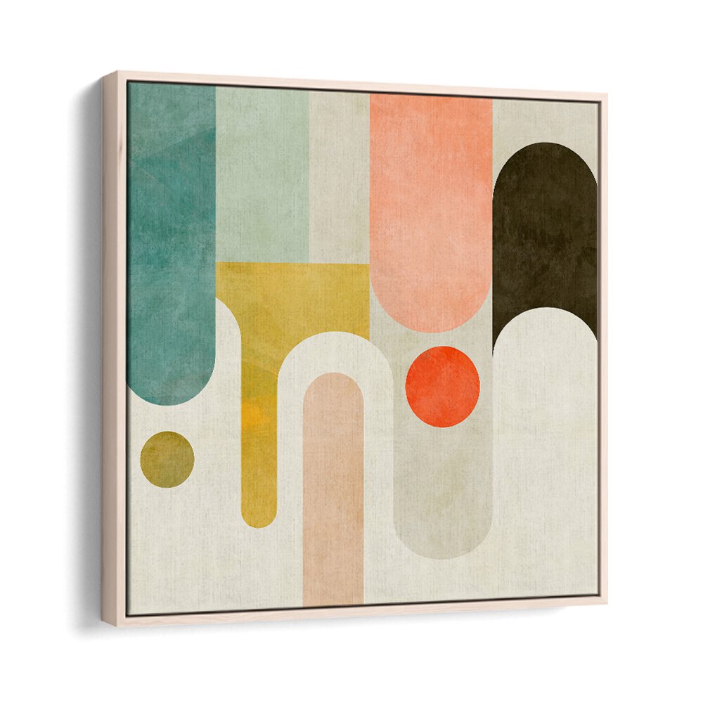 Captivating RUNDE SHAPES KOPIE, ABSTRACT PAINTINGS by Ana Rut Bre in a stylish oak wood floater frame.