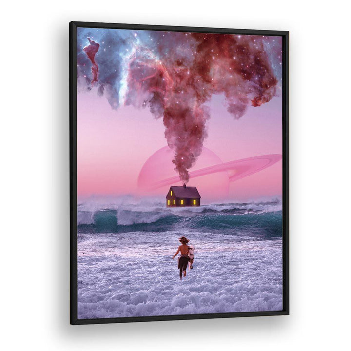 Surreal art print "RUNNING BACK TO YOU" by Ritvik Takkar captures a dreamlike ocean scene with a cosmic backdrop.