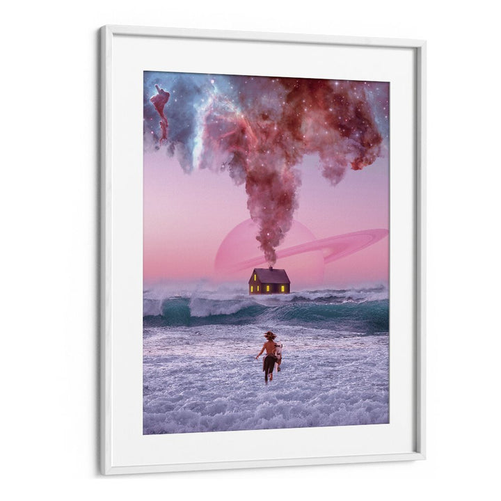 Surreal art print "RUNNING BACK TO YOU" by Ritvik Takkar, featuring a dreamlike ocean and cosmic landscape.