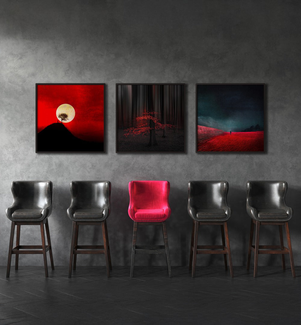 Transform your space with THE RED REALM, SET OF 3 PAINTINGS, showcasing bold red and black abstract art.