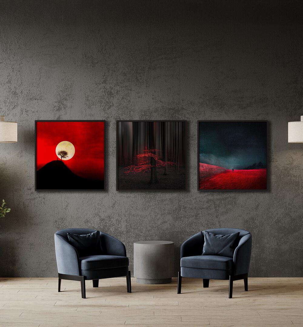 Modern decor featuring THE RED REALM, SET OF 3 PAINTINGS with bold red and black hues for striking wall art.