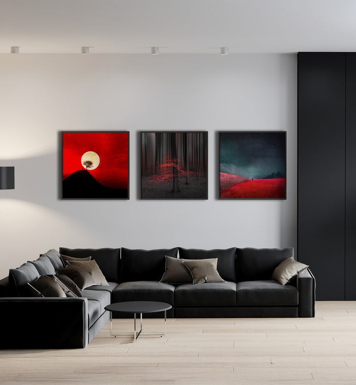 Modern abstract art featuring bold colors in THE RED REALM, SET OF 3 PAINTINGS for dramatic home decor.