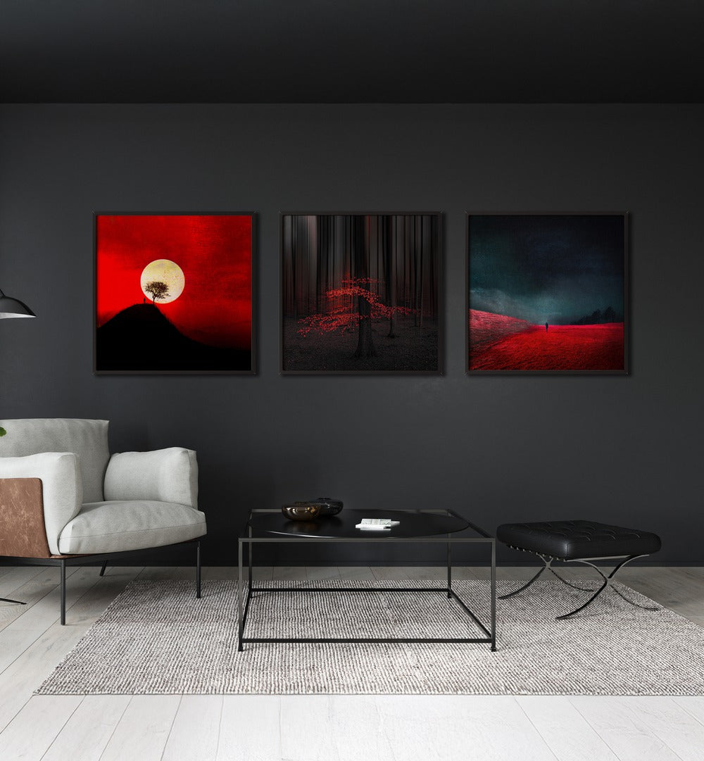 Dramatic modern art featuring bold colors in THE RED REALM, SET OF 3 PAINTINGS for striking wall décor.