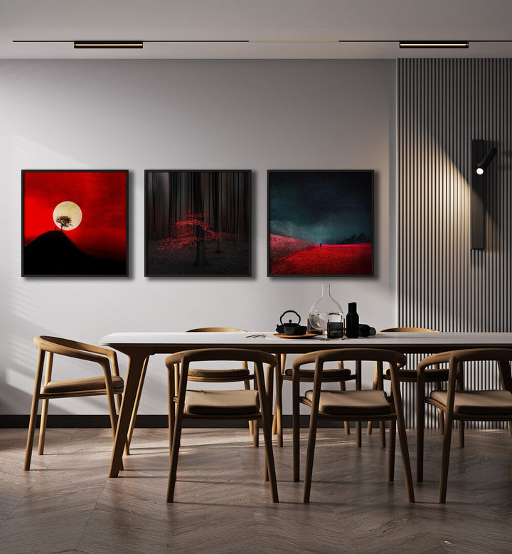 Modern abstract decor featuring THE RED REALM, SET OF 3 PAINTINGS in bold red and black for stunning wall art.