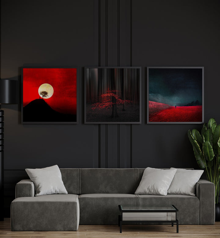Modern abstract decor featuring THE RED REALM, SET OF 3 PAINTINGS in striking red and black hues. Perfect for any space.