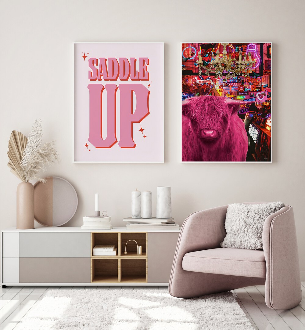 Brighten your space with the SADDLE UP SET, SET OF 2 PAINTINGS, featuring playful designs and bold colors.