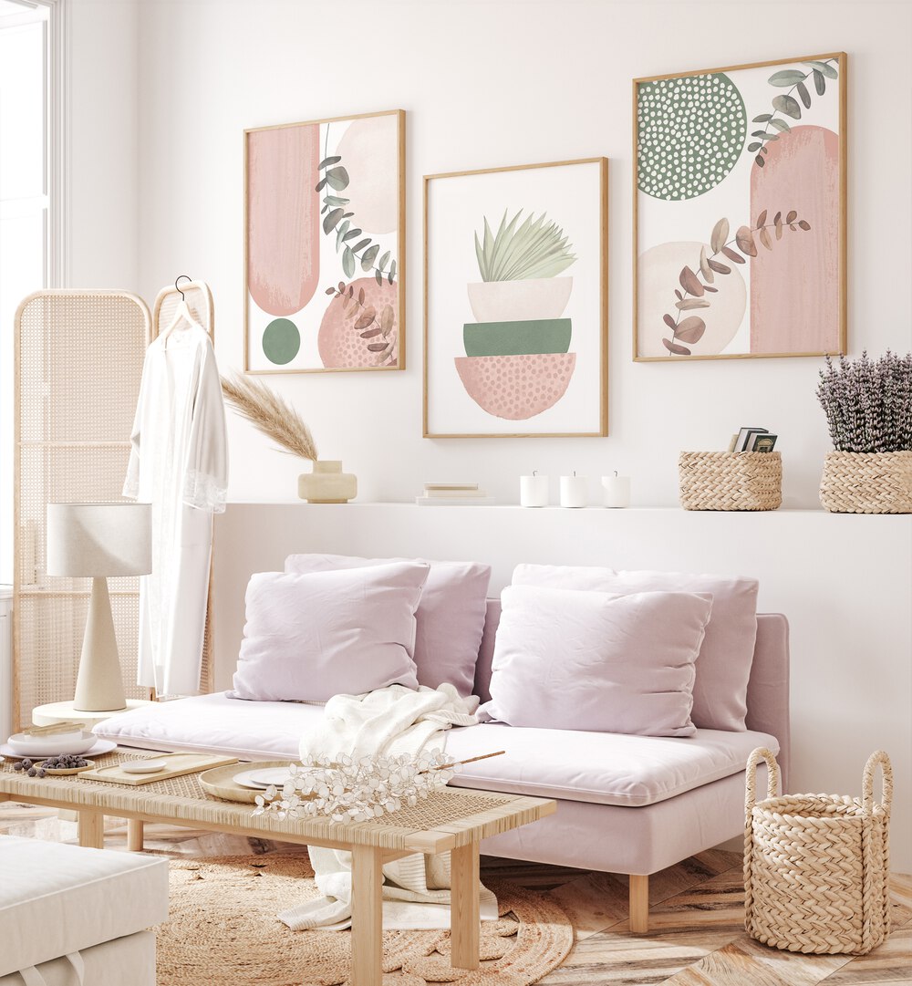 Elevate your home with the SAGE PINK SET, SET OF 3 PAINTINGS, featuring elegant sage and soft pink tones.