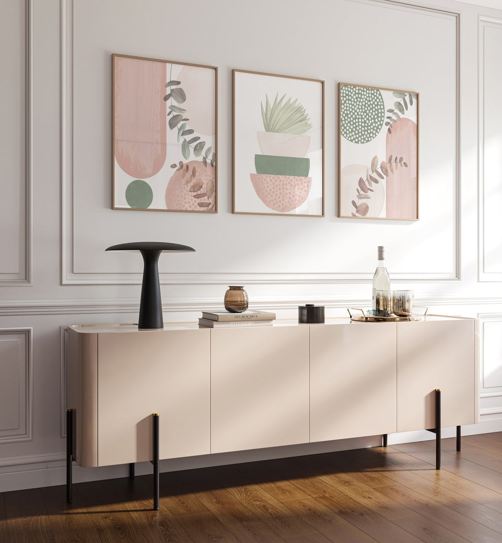 Elevate your décor with the SAGE PINK SET, SET OF 3 PAINTINGS in soothing sage and soft pink tones.