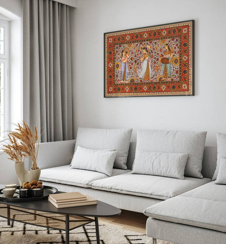 SAMSARA SYMPHONY, INDIAN ART PAINTINGS beautifully adorn a modern living space, showcasing rich Jaipuri heritage.