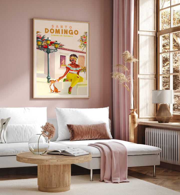 Vibrant SANTO DOMINGO, TRAVEL POSTERS artwork showcasing a woman and her dog in a cozy living room setting.