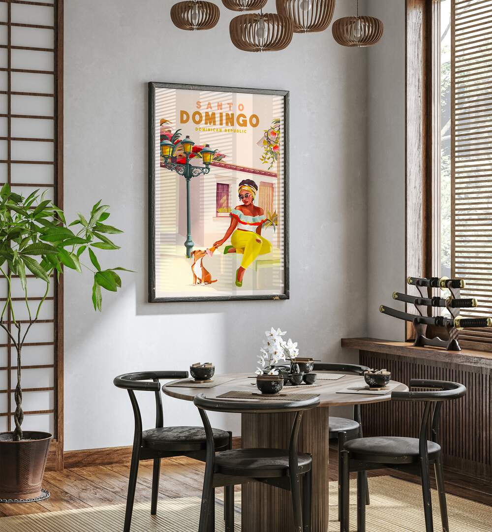 Vibrant SANTO DOMINGO, TRAVEL POSTERS featuring a woman and dog, showcasing Dominican culture in stunning artwork.