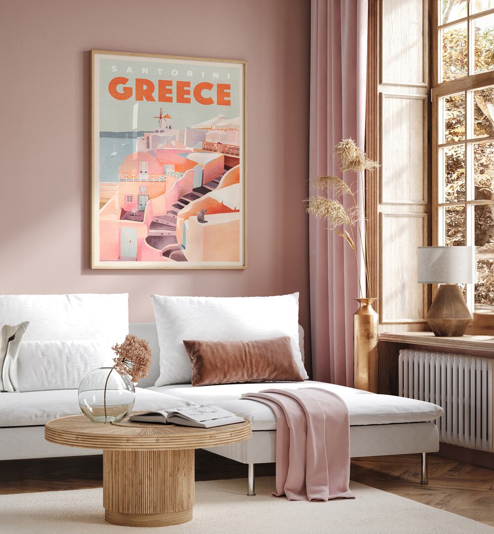 Vintage GREECE SANTORINI, TRAVEL POSTERS showcasing the stunning beauty of Santorini in a stylish home setting.