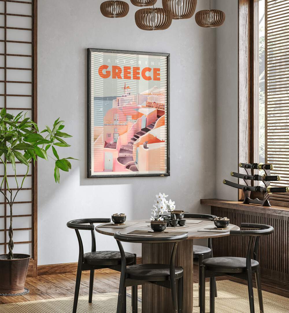 Vintage travel poster showcasing GREECE SANTORINI, perfect for adding charm to any space and inspiring wanderlust.