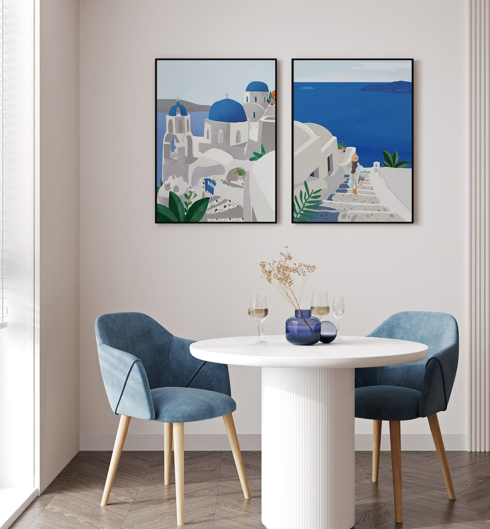 Transform your space with the SANTORINI SEASIDE SPLENDOR SET, SET OF 2 PAINTINGS showcasing coastal elegance.